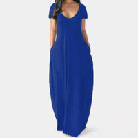 Women Solid Color Long Dress U Neck With Pockets Short Sleeve Comfortable Dress