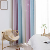 Double Layer Gradient Blackout + Sheer Curtains Starry Hollow-Out Stars Curtain Room Darkening Starry Curtain Eyelet Ring Top Window Drape for Kids Girls Children Bedroom Decor