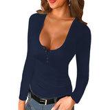 Women's Casual Solid Long Sleeve Top Loose T-Shirt Blouse Pullover Tunic Buttons