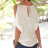 Women Summer Cold Shoulder Loose Top Blouse Ladies Casual Tops T-Shirt Short Bat Sleeve Scoop Neck Baggy Pullover