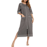 Lumento Women Pajamas Zipper Front Nightgown Full Length Lounge Dress with Pockets