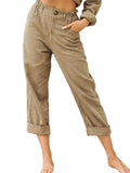 Women Ladies Solid Cotton Linen Pants Pocket Button Loose Ladies Casual Trousers