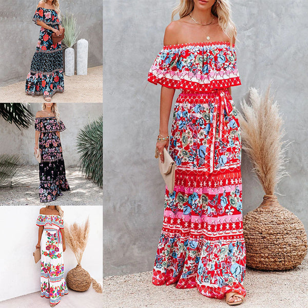 Women Casual Slim Fit Off Shoulder Maxi Dress Summer Beach Short Sleeve Sundress