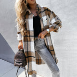 Women's Casual Plaid Wool Lapel Single-breasted Keep Warm Cardigan Long Sleeve