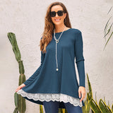 Women's Solid Color Mini Dress Casual Scoop Neck Lace Long Sleeve Pullover Dress