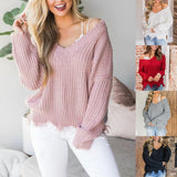 Women V Neck Ripped Tassel Knitted Sweater Jumper Off Shoulder Pullover Knitwear