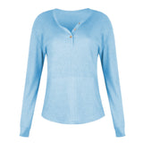 Women's Front Button Long Crochet Pockets Sleeve Lightweight Rib Tee Shirt Top