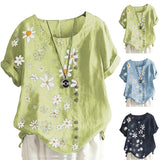 Women Crew Neck T-Shirt Daisy Printing Ruffles Short Sleeve Top Blouse Pullover