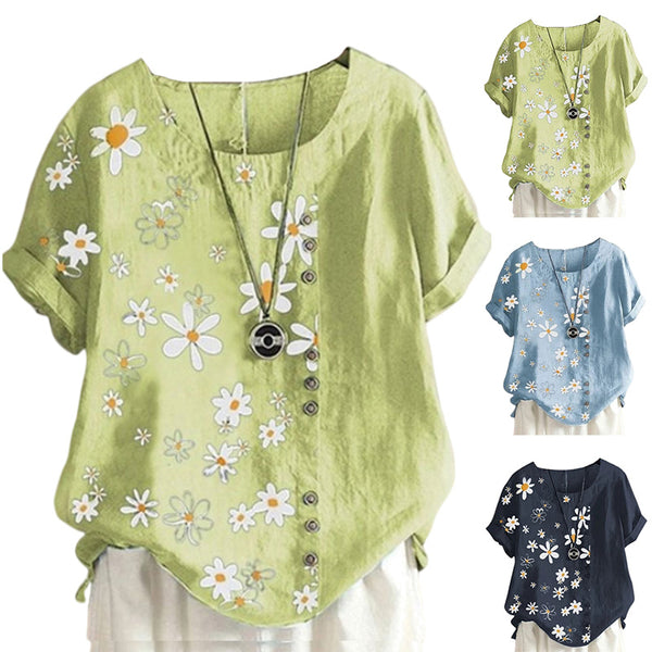 Women Crew Neck T-Shirt Daisy Printing Ruffles Short Sleeve Top Blouse Pullover
