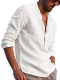 Mens Casual Cotton Linen Henley Shirts Long Sleeve T-shirt Tops Pullover Buttons