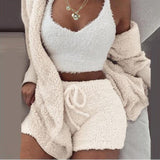 Womens Homewear Long Sleeve Casual Three-piece Jacket Vest Shorts Sports Suit