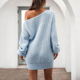 Women's Casual One Shoulder Knitted Mini Dress Puff Sleeve Short Sweater Dresses