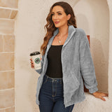 Women Zip Jacket Long Sleeves Lapel Collar Solid Color Warm Thicken Woolen Coat