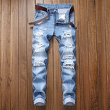 Men Ripped Jeans Straight Skinny Slim Fit Denim Pants Destroyed Frayed Trousers