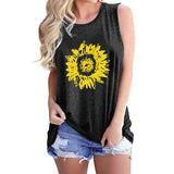 Women's Round Neck Sleeveless Loose Tank Sunflower Printed Pullover Hips Length