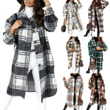 Womens Plaid Overcoat Button-up Lapel Collar Winter Warm Mid-Length Coat Outwear