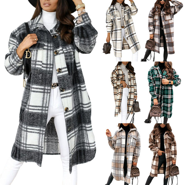 Womens Plaid Overcoat Button-up Lapel Collar Winter Warm Mid-Length Coat Outwear