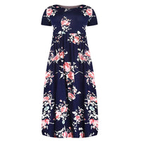 Womens Floral Printed Crew Neck Maxi Dresses Short Sleeves Plus Size Swing Dress