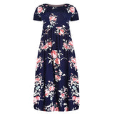 Womens Floral Printed Crew Neck Maxi Dresses Short Sleeves Plus Size Swing Dress