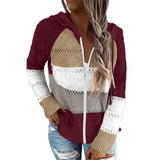 Women Stitching Striped Hooded Long Sleeve Hoodies Sweater Pullover Top Cardigan