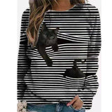 Women 3D Animal Patterns Stripes Design Long Sleeve T-shirt Crew Neck Loose Tops