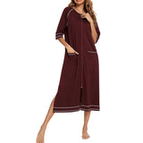 Lumento Women Pajamas Zipper Front Nightgown Full Length Lounge Dress with Pockets