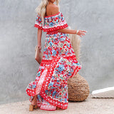 Women Casual Slim Fit Off Shoulder Maxi Dress Summer Beach Short Sleeve Sundress