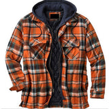 Men's Plaid Stripes Print Jacket Zip Top Hooded Long Sleeve Coat Thicken Coat