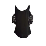 Women Solid Color Hollow Lace Sleeve Strappy Casual Tops T-Shirt Blouse Pullover