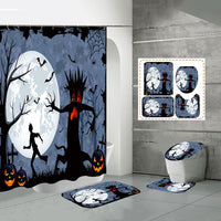 4 Pcs Halloween Decor Shower Curtain Set with Non-Slip Bath Mat, Toilet Pedestal Rugs and Toilet Lid Cover, Waterproof Bat Ghost Shower Curtains with 12 Hooks
