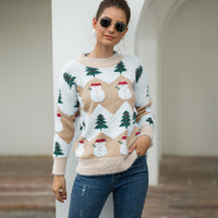 Women Crew Neck Long Sleeve Christmas Snowman Tree Knitted Sweater Pullover Jumper Tops Ladies Crew Neck Casual Knitwear Top
