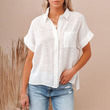 Women Solid Color Lapel Top Short Sleeve T-Shirt Blouse Casual Pullover Button