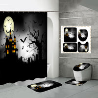 4 Pcs Halloween Decor Shower Curtain Set with Non-Slip Bath Mat, Toilet Pedestal Rugs and Toilet Lid Cover, Waterproof Bat Ghost Shower Curtains with 12 Hooks