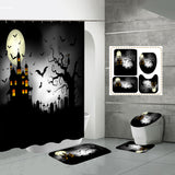 4 Pcs Halloween Decor Shower Curtain Set with Non-Slip Bath Mat, Toilet Pedestal Rugs and Toilet Lid Cover, Waterproof Bat Ghost Shower Curtains with 12 Hooks
