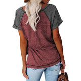 Women Color Matching V-Neck Short Sleeve Top T-Shirt Loose Blouse Pullover Tunic
