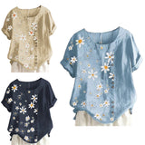 Women Crew Neck T-Shirt Daisy Printing Ruffles Short Sleeve Top Blouse Pullover
