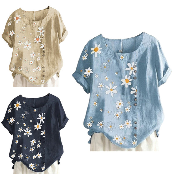 Women Crew Neck T-Shirt Daisy Printing Ruffles Short Sleeve Top Blouse Pullover