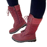 Womens Solid Color Boots Side Zip Lace Up Flat Mid Calf Winter Warm Casual Boots