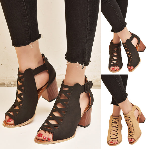 Women's Fashion Peep Toe Sandals Wear-Resisting Hollow Buckles Summer Shoes