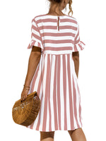 Women Fashion Skirt Striped Printed Short Sleeve Round Neck Casual Dress Ruffles