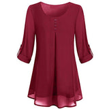 Women's Adjusted 3/4 Sleeve Crew-Neck Chiffon Shirt Casual Loose Pullover Blouse