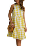 Women's Casual Ruffle Plaid Printed Midi Dress Sleeveless Swing Dress Sundress