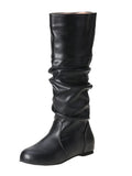 Womens Knee High Boots Winter Warm Fashion Leather Chunky Heel Slip On Flat Booties