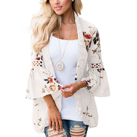 Lady Lace Hollow Flowers Flared Sleeve Open Front Outwear Casual Light Smock Top