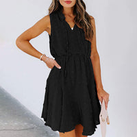 Women's Summer Chiffon Skirt Sleeveless Knee Length V Neck Dress Elastic Waist