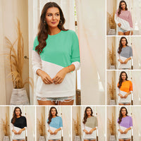Women's Color Matching Crew Neck Long Sleeve Sweater Jumper Blouse Tops Pullover