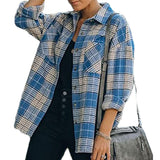 Women's Long Sleeve Plaid Tops Shirt Long Sleeve Button Loose Lapel Shirt Pocket