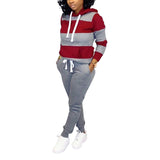 Lady Striped 2Pcs Tracksuit Set Sports Jogger Long Pants Long Sleeve Hoodie Tops