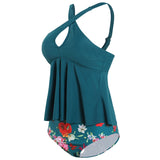 Women Tummy Control Tankini Swimsuit Two Piece Swimwear Ladies Swing Tankini Set Beachwear Ruffled Bikini Set Swimming Costumes Bathing Suit Push Up Padded Bra Backless Tankini Tops with Swim Bottoms