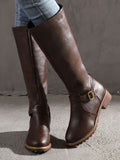 Women PU Leather Buckle Strap Design Boots Chunky Heel Zipper Casual Comfy Biking Boots